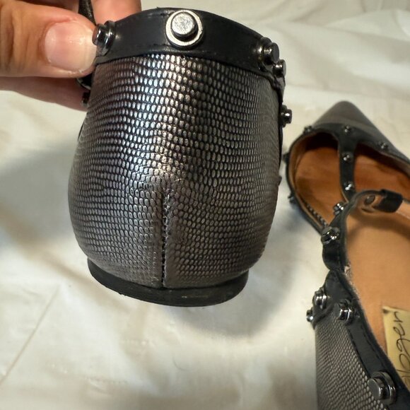 HALOGEN Olson Flats Women's 7 Studded T-Strap Black GREY Leather Edgy Workwear - Picture 8 of 15